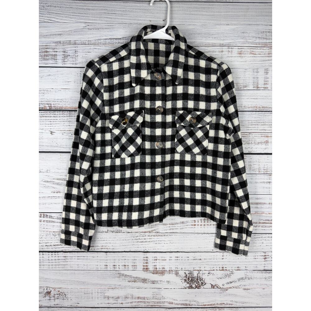 Vintage Black White Plaid Button Down Jacket Boxy Medium Classic Shacket Staple